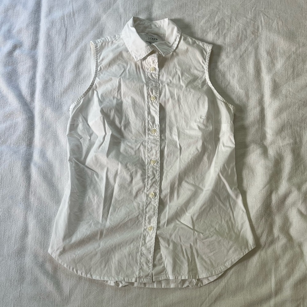 J Crew sleeveless white tailored button up shirt